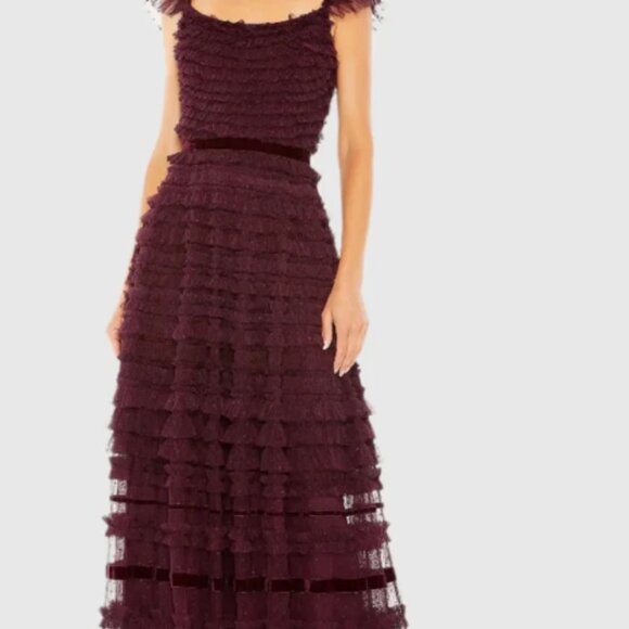 Mac Duggal Purple Ruffle Cap Sleeve Tiered Midi Dress Style 8054 - Picture 2 of 7